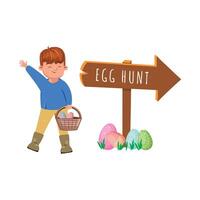 Pâques Oeuf chasser excitation, garçon avec panier rempli avec peint des œufs vecteur