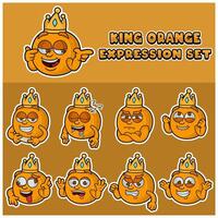 Orange fruit mascotte personnage dessin animé avec couronne et visage expression ensemble. vecteur