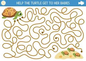 en dessous de le mer Labyrinthe pour des gamins avec tortue, coquillages, sable. océan ou les mères journée préscolaire imprimable activité. l'eau labyrinthe Jeu ou puzzle. Aidez-moi le tortue avoir à sa bébés vecteur