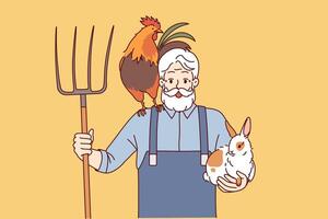 personnes âgées homme agriculteur engagé dans agriculture et bétail élevage détient râteau et lapin avec coq vecteur