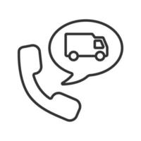 appel téléphonique à l'icône linéaire du service de livraison. illustration de la ligne mince. combiné avec camion de transport à l'intérieur de la bulle de dialogue. symbole de contour. dessin de contour isolé de vecteur