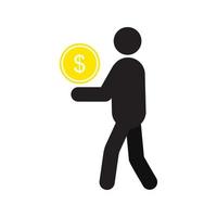 homme va avec l'icône de silhouette de pièce de monnaie dollar. investir. verser. illustration vectorielle isolée vecteur