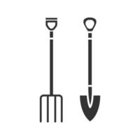 icône de glyphe de fourche et de pelle. outils agricoles. symbole de silhouette. espace négatif. illustration vectorielle isolée vecteur