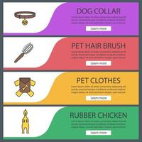 les animaux de compagnie fournissent un ensemble de modèles de bannières Web. collier de chien, brosse à fourrure, vêtements, poulet en caoutchouc. éléments du menu de couleur du site Web. concepts de conception d'en-têtes de vecteur