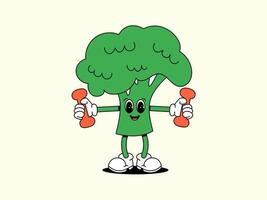 sport brocoli avec haltères dans mains. vert rainure légume. personnage de en bonne santé aliments. rétro vecteur illustration