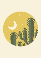 esthétique nuit buisson avec saguaro cactus illustration. Jaune tons, beige couleurs. vecteur