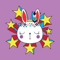 T-shirt conception de le tête de un Pâques lapin entouré par étoiles sur une violet Contexte. vecteur