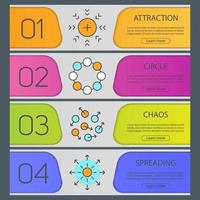 ensemble de modèles de bannière de symboles abstraits. attraction, cercle, chaos, propagation. éléments de menu du site Web. bannière web couleur. concepts de conception d'en-têtes de vecteur