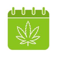 icône de couleur du glyphe de la journée nationale des mauvaises herbes. page de calendrier avec feuille de marijuana. symbole de la silhouette sur fond blanc. espace négatif. illustration vectorielle vecteur