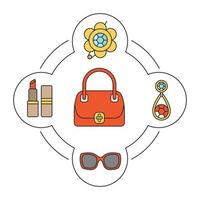 ensemble d'icônes de couleur de contenu de sac à main de femme. broche, boucle d'oreille, lunettes de soleil, rouge à lèvres. illustrations vectorielles isolées vecteur