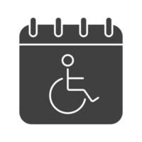 icône de glyphe de jour d'invalidité. symbole de silhouette. page de calendrier avec personne en fauteuil roulant. espace négatif. illustration vectorielle isolée vecteur