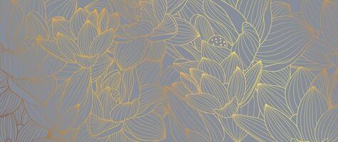luxe d'or lotus fleur ligne art Contexte vecteur. Naturel botanique élégant fleur avec or ligne art. conception illustration pour décoration, mur décor, fond d'écran, couverture, bannière, affiche, carte. vecteur
