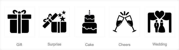 une ensemble de 5 célébrer Icônes comme cadeau, surprendre, gâteau vecteur