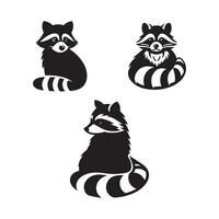 Trois raton laveur noir silhouette vecteur ensemble illustration blanc Contexte