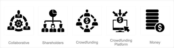 une ensemble de 5 financement participatif Icônes comme collaboratif, actionnaires, financement participatif, vecteur