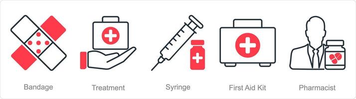 une ensemble de 5 pharmacie Icônes comme bandage, traitement, seringue vecteur