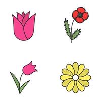 ensemble d'icônes de couleur de fleurs. bouton de rose, coquelicot, tulipe, camomille. illustrations vectorielles isolées vecteur