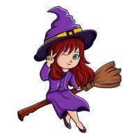 dessin animé petite sorcière volant utiliser un balai vecteur