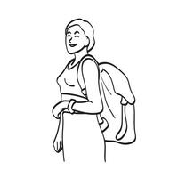 moitié longueur de femelle voyageur avec une sac à dos illustration vecteur main tiré isolé sur blanc Contexte