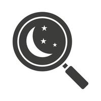 endroit pour dormir icône de glyphe de recherche. symbole de silhouette. loupe avec la lune et les étoiles. espace négatif. illustration vectorielle isolée vecteur