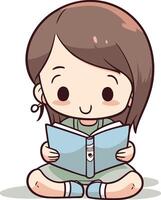 fille en train de lire livre isolé sur blanc Contexte. mignonne dessin animé vecteur illustration.