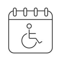 icône linéaire de jour d'invalidité. illustration de la ligne mince. page de calendrier avec symbole de contour de personne en fauteuil roulant. dessin de contour isolé de vecteur