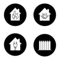 jeu d'icônes de glyphe immobilier. maisons avec prise et feu à l'intérieur, clôture, affaire immobilière. illustrations vectorielles de silhouettes blanches dans des cercles noirs vecteur