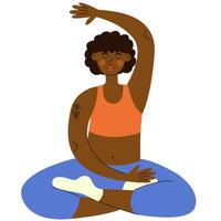 foncé peau femme Faire yoga des exercices. international yoga journée. nationale yoga journée prospectus, affiche vecteur