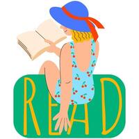 une femme dans une maillot de bain et chapeau est en train de lire une livre. lis livres amoureux. relaxant temps à en lisant. vecteur