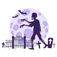 silhouette d'un zombie dans un cimetière sur fond de pleine lune et de chauves-souris. vecteur