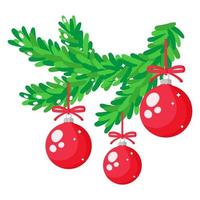branche d'épinette festive de dessin animé de noël avec des décorations rouges. vecteur