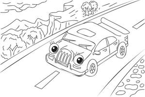 voiture mignonne, illustration de personnage de dessin animé. voiture avec les yeux sur l'illustration du contour de la route pour le livre de coloriage. livre de coloriage noir et blanc. vecteur