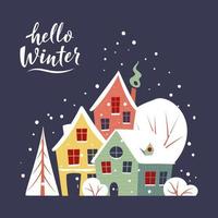 carte de voeux de noël avec petite ville d'hiver recouverte de neige. bonjour signe de lettrage d'hiver. illustration vectorielle dans un style plat tendance pour cartes, couvertures, invitations, affiches, bannières, flyers vecteur