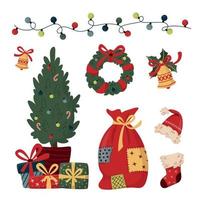 ensemble d'éléments de noël dans un style plat tendance. couronne de noël, sapin décoré avec des coffrets cadeaux, chaussette cadeau, bonnet de noel, guirlande, sac avec cadeaux. pour bannière, affiche, cartes, invitations, applications, avènement vecteur