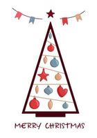 arbre de noël décoré minimaliste avec étoile, boules de décoration et guirlande. joyeux noël et un concept de bonne année. illustration vectorielle dans un style plat tendance pour carte de voeux, bannière, affiche vecteur