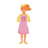 fille heureuse en couronne avec illustration vectorielle plane de boîte-cadeau. fête d'anniversaire. joyeux petit enfant mignon en robe rose tenir présent personnage de dessin animé isolé sur fond blanc vecteur