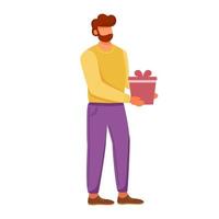 homme barbu avec illustration vectorielle plane cadeau. fête d'anniversaire. événement de vacances. Fête d'anniversaire. caucasian brunette guy holding présent personnage de dessin animé isolé sur fond blanc vecteur