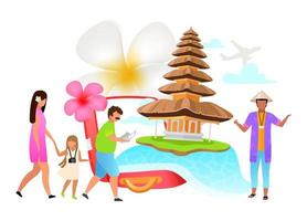 illustration vectorielle plane de tourisme. voyage en famille. visites de bali. temple. guider. indonésie, pays exotique. fleur de plumeria. concept de dessin animé isolé sur fond blanc vecteur