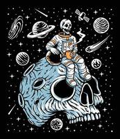 astronautes buvant du café sur l'illustration de la planète crâne
