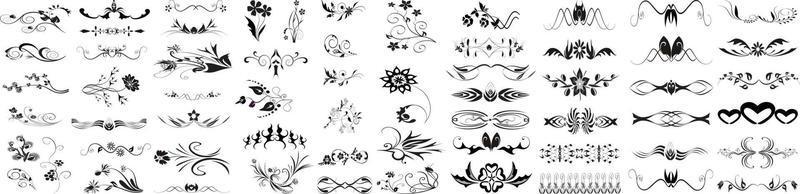 éléments vintage vectoriels dessinés à la main lauriers, feuilles, fleurs, tourbillons et fea, bannières dessinées à la main, feuilles, fleurs, vecteur