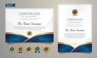modèle de frontière de certificat d'appréciation de diplôme bleu et or avec badges de luxe vecteur