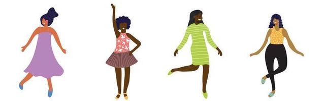 des femmes heureuses de différentes ethnies dansent et sautent de joie. le concept de paix, d'amour et de bonheur d'être une femme. illustration vectorielle sur fond blanc vecteur