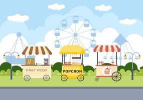 foire d'été avec carnaval, cirque, fête foraine ou parc d'attractions. paysage de carrousels, montagnes russes, montgolfière et illustration vectorielle de terrain de jeu vecteur