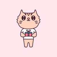 dessin animé de chat kawaii tenant une petite boîte-cadeau. parfait pour les enfants de la crèche, carte de voeux, fille de douche de bébé, conception de tissu. vecteur