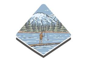 ancien illustration de une homme pêche sur le Lac avec forêt et Montagne vue vecteur