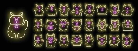 chat chanceux, icônes, ensemble, vecteur, néon vecteur