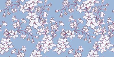 artistique, Créatif branches fleurs dans une entrelacés sans couture modèle. doucement pastel floral sur une bleu Contexte. vecteur main tiré esquisser. conception pour mode, tissu, fond d'écran.