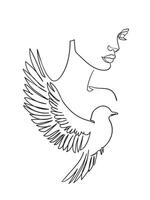 femme avec oiseau. portrait minimaliste style. ligne art vecteur illustration.