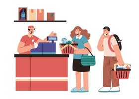 gens attendre à le check-out dans plat style illustration. gens porter paniers attendre dans ligne à le check-out compteur dans supermarché vecteur