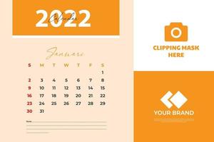 modèle de calendrier mensuel pour l'année 2022. la semaine commence le dimanche. calendrier mural dans un style minimaliste. vecteur